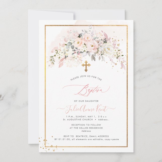 PixDezines H2 Blush Roses Baptism Invitation (Front)