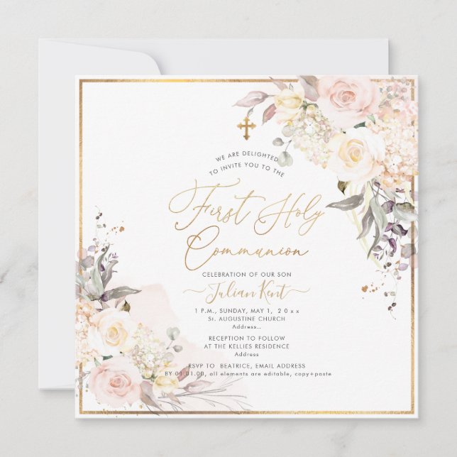 PixDezines H2 Blush Roses First Holy Communion Invitation (Front)