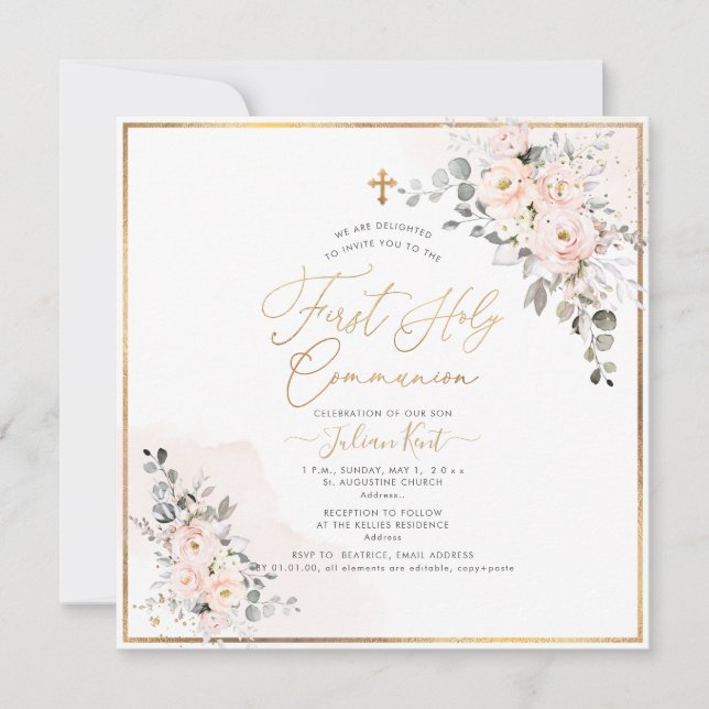 PixDezines H2 Blush Roses First Holy Communion Invitation (Front)