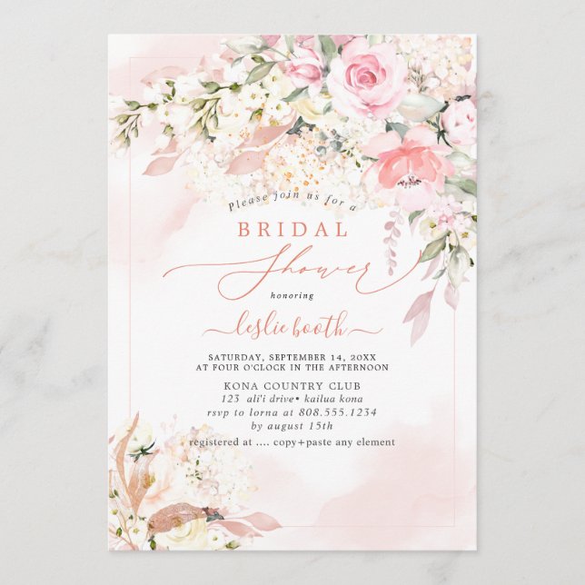 PixDezines H2 Blush Roses Hydrangea Bridal Shower Invitation (Front)