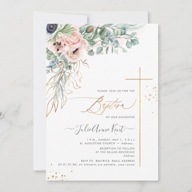 PixDezines H2 Blush White Anemones Baptism  Invitation (Front)