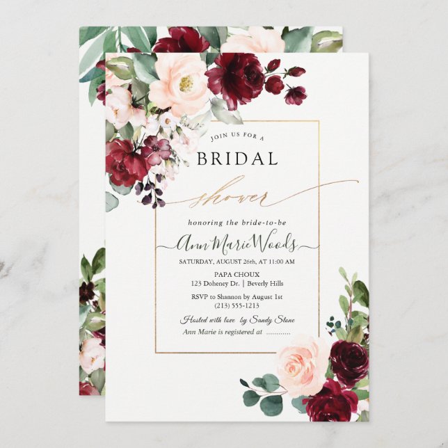 PixDezines H2 Burgundy Blush Bridal Shower Invitation (Front/Back)