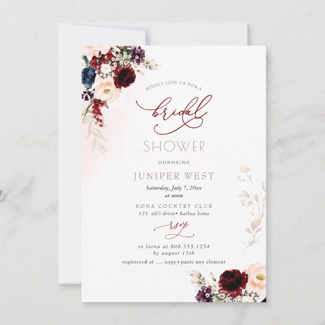 PixDezines H2 Burgundy Blush Floral Bridal Shower  Save The Date (Front)