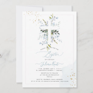 PixDezines H2 Dusty Blue Eucalyptus Baptism Invitation
