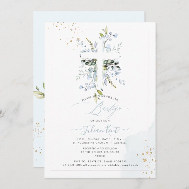 PixDezines H2 Dusty Blue Eucalyptus Bautizo Invitation (Front/Back)