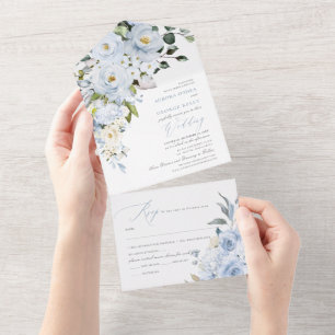 PixDezines H2 Dusty Blue Flowers Roses Hydrangea All In One Invitation