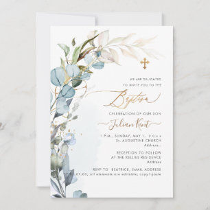 PixDezines H2 Dusty Blue Gum Foliage Baptism Invitation