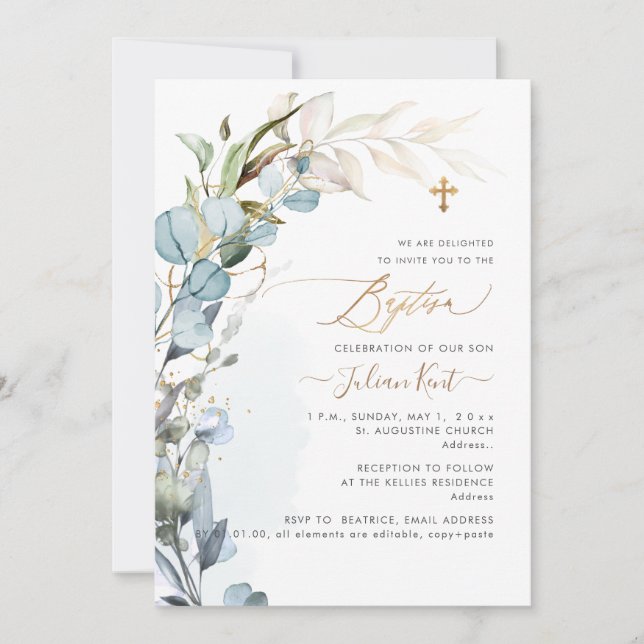 PixDezines H2 Dusty Blue Gum Foliage Baptism Invitation (Front)