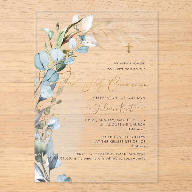PixDezines H2 Dusty Blue Gum Foliage Communion  Acrylic Invitations (Front)