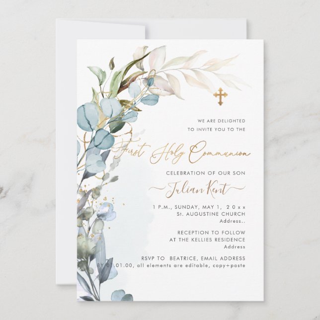 PixDezines H2 Dusty Blue Gum Foliage Communion  Invitation (Front)