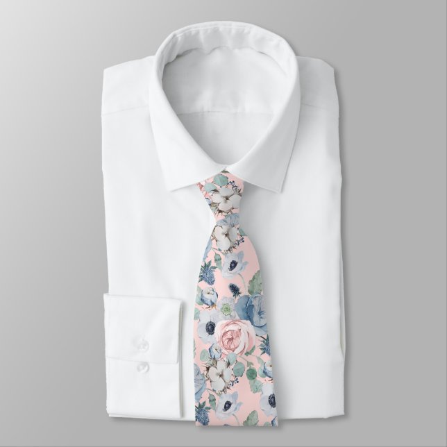 PixDezines H2 Dusty Blue Pink Peonies DIY Colour Tie (Tied)