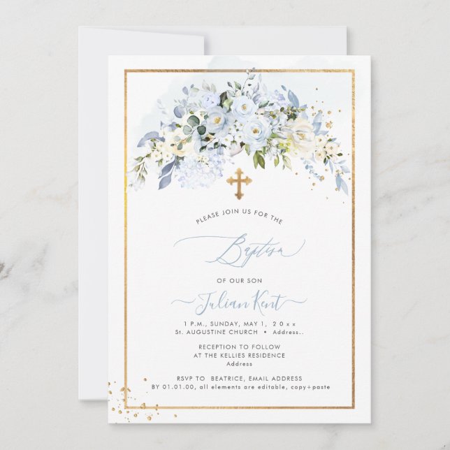 PixDezines H2 Dusty Blue Roses Baptism Invitation (Front)