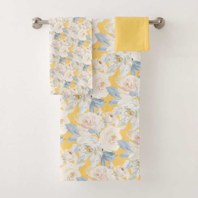 PixDezines H2 Dusty Blue Roses Bath Towel Set (Insitu)