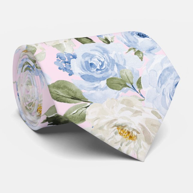 PixDezines H2 Dusty Blue Roses Tie (Rolled)