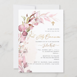 PixDezines H2 Dusty Blush Gum Foliage Communion Invitation