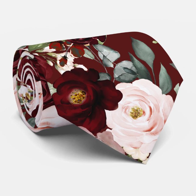 PixDezines H2 Dusty Pink Blush Burgundy Flowers Ne Tie (Rolled)