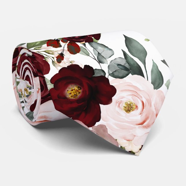 PixDezines H2 Dusty Pink Blush Burgundy Flowers Tie (Rolled)