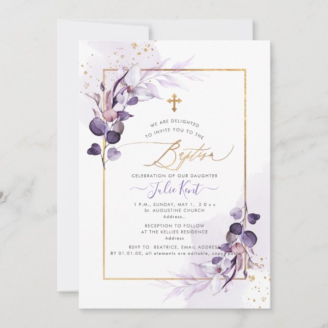 PixDezines H2 Dusty Purple Gum Eucalyptus Baptism Invitation (Front)