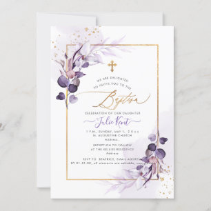 PixDezines H2 Dusty Purple Gum Eucalyptus Baptism Invitation