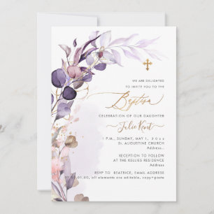 PixDezines H2 Dusty Purple Gum Foliage Baptism Invitation