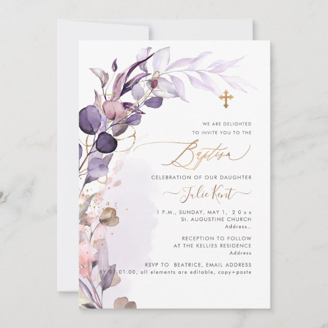 PixDezines H2 Dusty Purple Gum Foliage Baptism Invitation (Front)