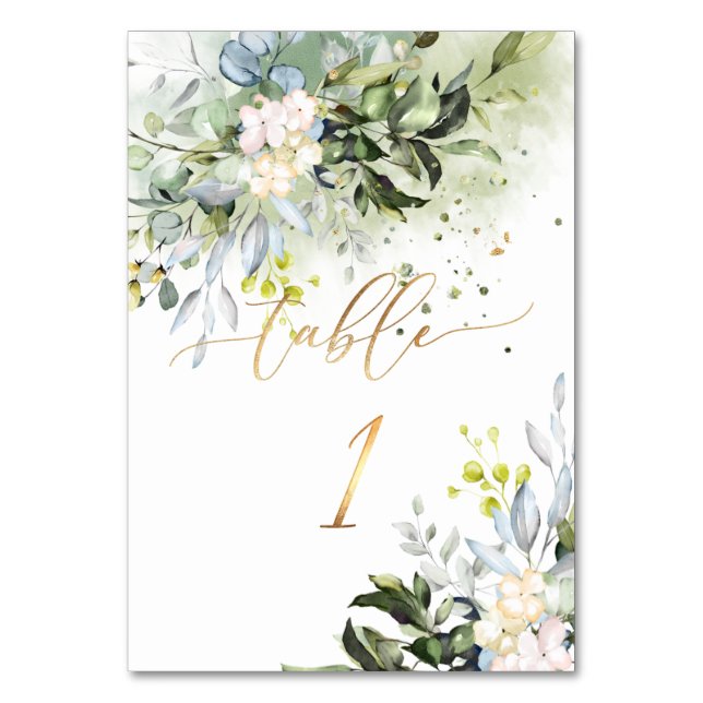 PixDezines H2 Elegant Blue Gum Eucalyptus FauxGold Table Number (Front)