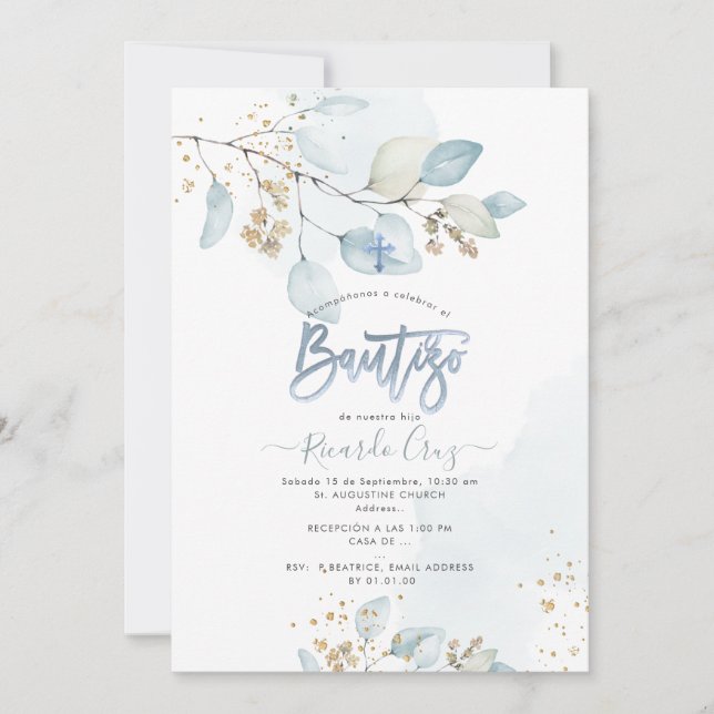 PixDezines H2 Eucalyptus Bautizo  Invitation (Front)