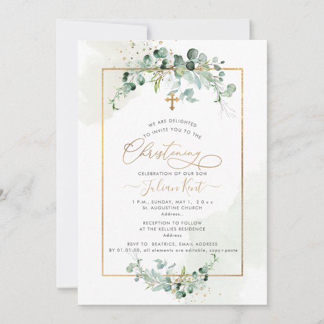 PixDezines H2 Eucalyptus Christening Invitation (Front)