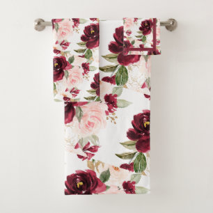 PixDezines H2 Flowers Blush Burgundy Roses Bath Towel Set