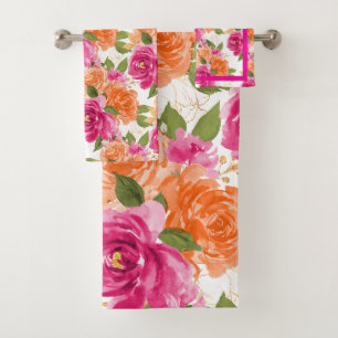 PixDezines H2 Flowers Orange Hot Pink Roses Bath Towel Set