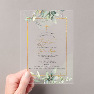 PixDezines H2 Green Gold Eucalyptus Baptism Acrylic Invitations