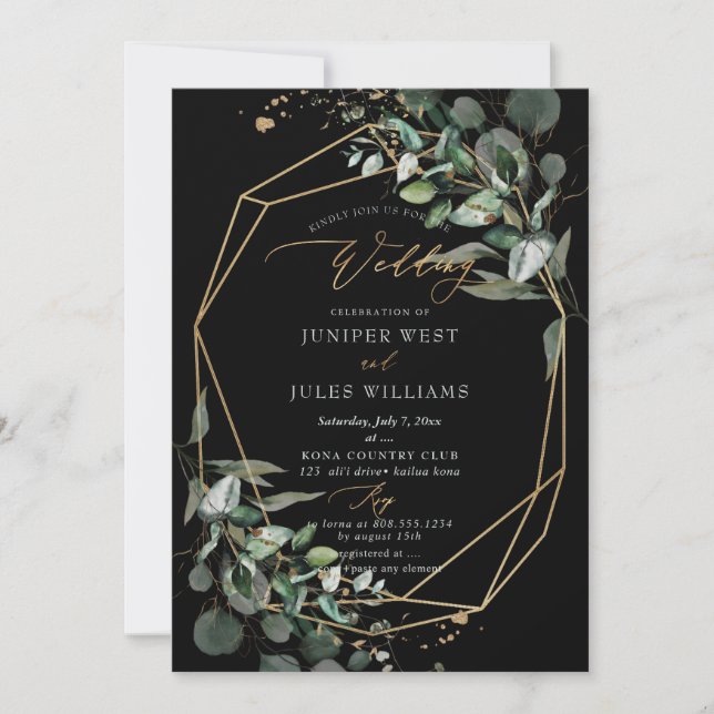 PixDezines H2 Green Gold Eucalyptus Wedding Invitation (Front)