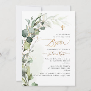 PixDezines H2 Greenery Gum Foliage First Baptism Invitation