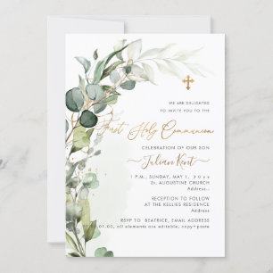 PixDezines H2 Greenery Gum Foliage First Commumion Invitation