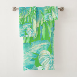 PixDezines H2 Hawaiian Jungle Aqua Neon Green Bath Towel Set