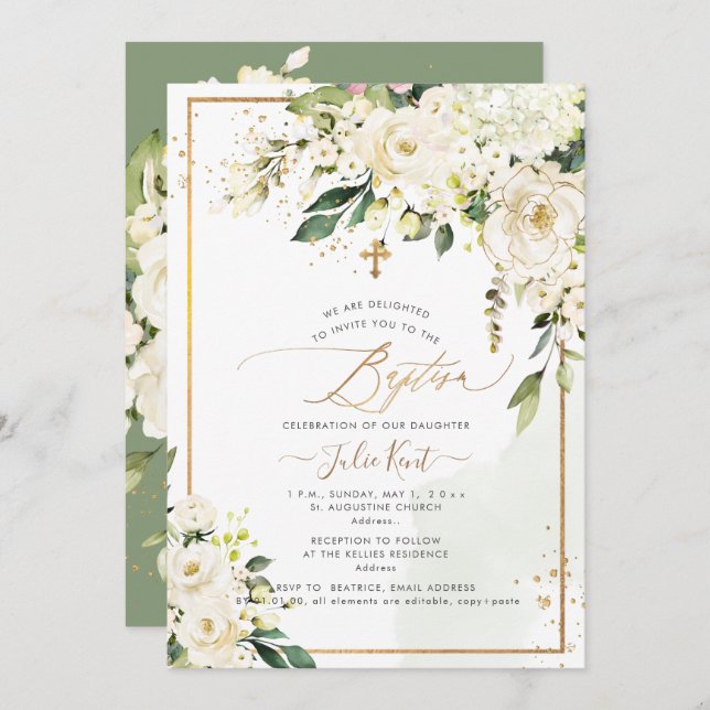 PixDezines H2 Hydrangeas Cream Roses Baptism Invitation (Front/Back)