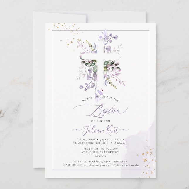 PixDezines H2 Lilac Purple Eucalyptus Baptism Invitation (Front)