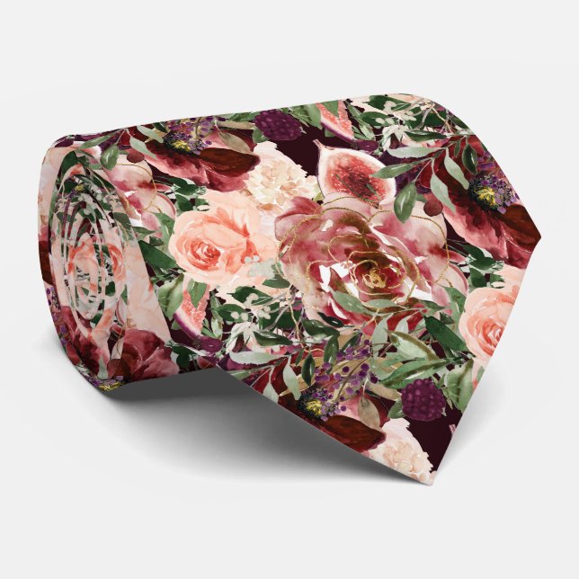PixDezines H2 Marsala Boho Blush Burgundy Flowers  Tie (Rolled)