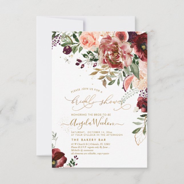 PixDezines H2 Marsala Red Autumn Bridal Shower Invitation (Front)