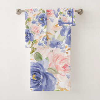 PixDezines H2 Mediterranean Blue Pink Roses Bath Towel Set