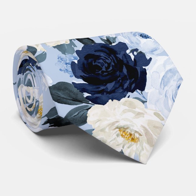 PixDezines H2 Navy+Dusty Blue Roses Tie (Rolled)
