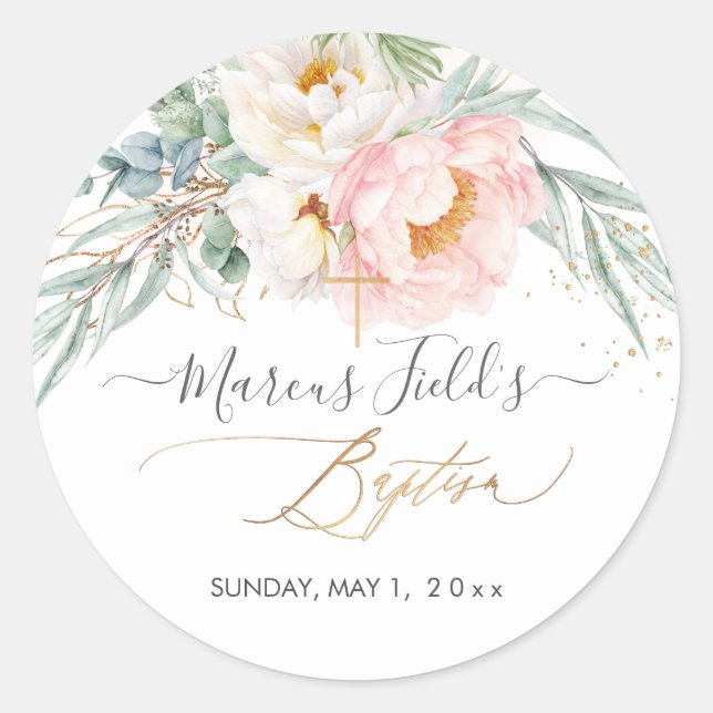 PixDezines H2 Peonies Eucalyptus Baptism Classic Round Sticker (Front)