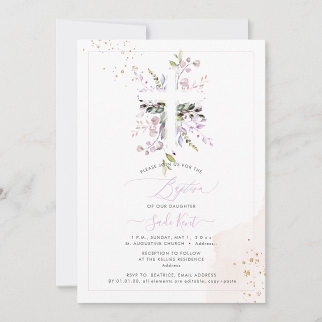PixDezines H2 Pink Eucalyptus Baptism Invitation (Front)
