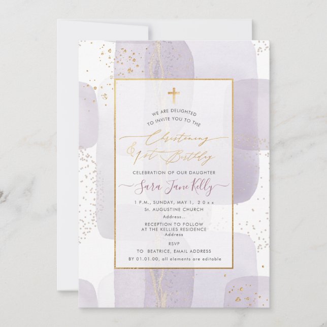 PixDezines H2 Purple Christening+1st Birthday Invitation (Front)