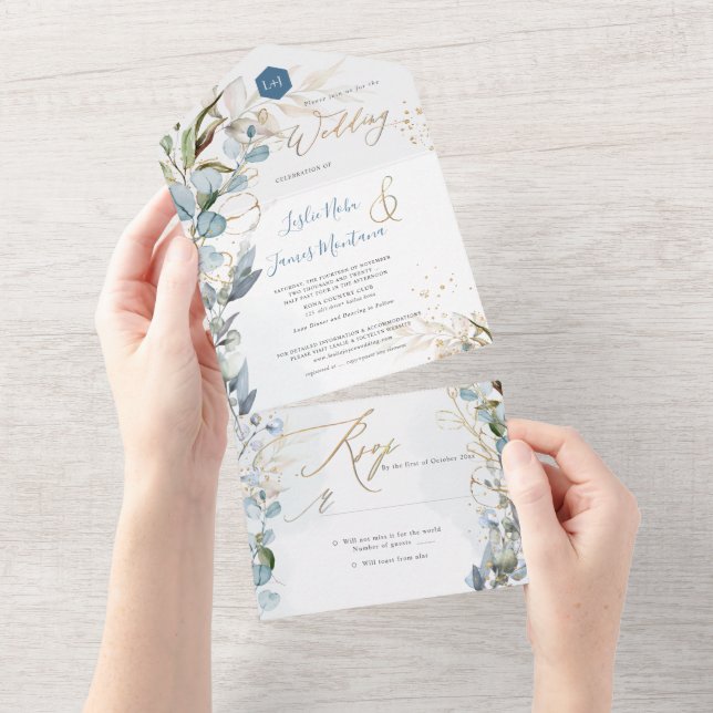 PixDezines H2 Rustic Dusty Blue Eucalyptus Gold All In One Invitation (Tearaway)