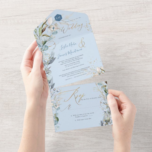 PixDezines H2 Rustic Dusty Blue Eucalyptus Gold All In One Invitation (Tearaway)