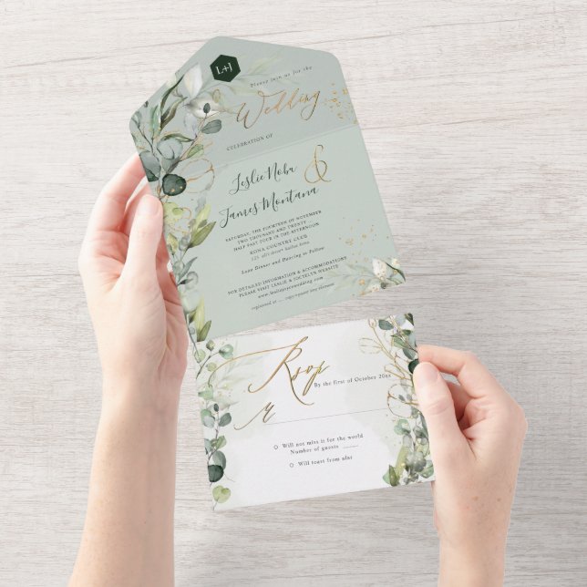 PixDezines H2 Rustic Gum Eucalyptus Green Gold  Al All In One Invitation (Tearaway)