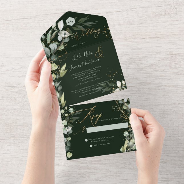 PixDezines H2 Rustic Gum Eucalyptus Green Gold All In One Invitation (Tearaway)