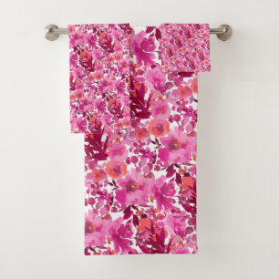 PixDezines H2 Summer Flowers Hot Pink Plum Bath Towel Set