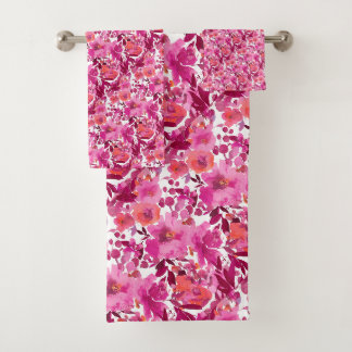 PixDezines H2 Summer Flowers Hot Pink Plum Bath Towel Set